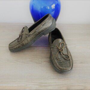 Talbots Leather GROMMUS Olive Army Green Croc Reptile Loafers Size 5